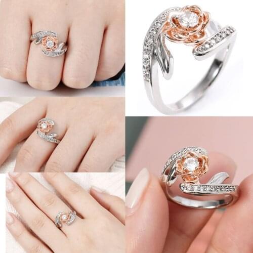 Milangirl Two-tone Rose Gold Color Flower Floral Ring Inlaid Paved Crystal Rhinestone Wedding Engagement Party Fashion Jewelry