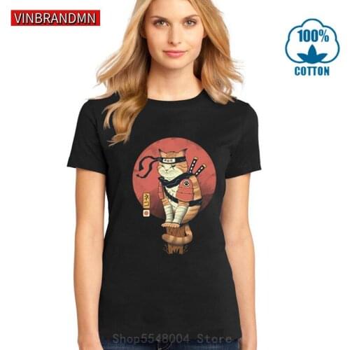 Cute Samurai Cat T-shirt Camisetas Mujer Anime Funny Cat Sushi Chef T shirt for women Humor Ninja Cat T-shirt Ninjitsu tee shirt