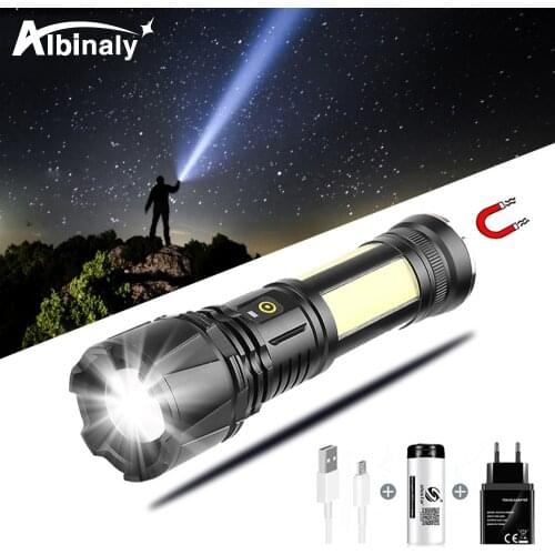 Powerful XHP90 LED Flashlight Waterproof COB Tactical Torch Zoomable 26650 Light USB Rechargeable Camping Lantern with Magnet