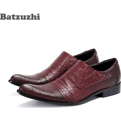 Batzuzhi Luxury Handmade Mens Shoes Pointed Toe Wine Red Genuine Leather Dress Shoes Men for Business, Party Zapatos Hombre