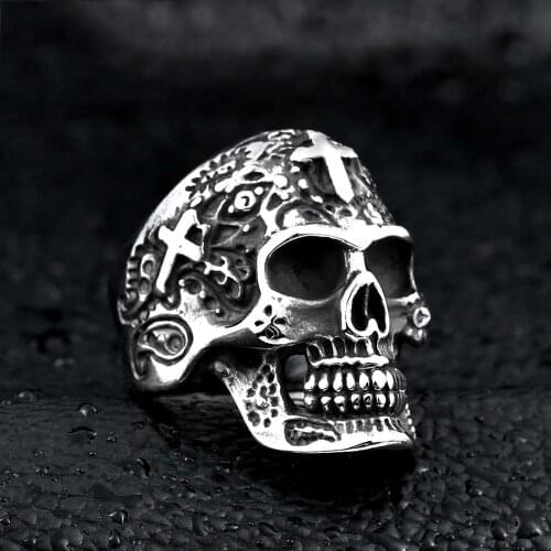 316L Stainless steel steam ram Men punk ring Cross Skeleton head Powerful Skull man Band gothic rings Jewelry Gift For Him