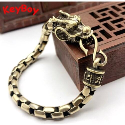 Hip Hop Rock Punk Bracelet Men Vintage Copper Link Chain Bracelets For Homme Creative Brass Dragon Head Charm Men Bangle Jewelry