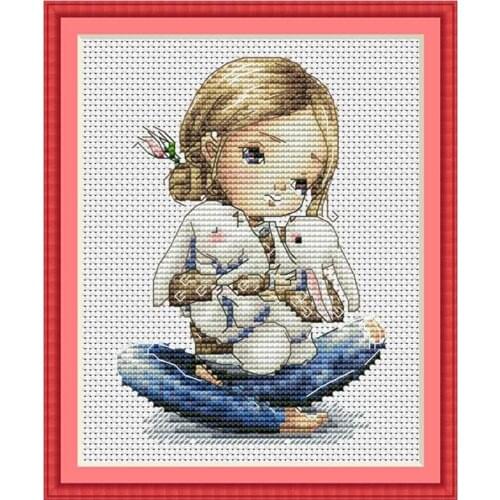 Girl hugging rabbit cartoon patterns counted 11CT 14CT Cross Stitch Sets DIY Chinese Cross-stitch Kits Embroidery Needlework