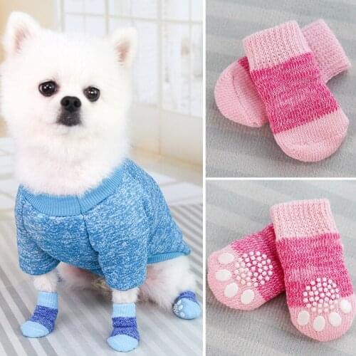 4Pcs Autumn Winter Pet Dog Socks Anti-Slip Dogs Cats Socks Thick Warm Paw Protector Cute Puppy Cat Indoor Wear Stretch Socks