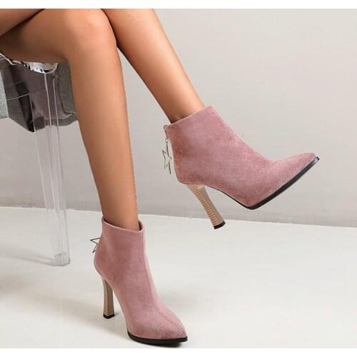 New Women Short Boots Metal Zipper Street Fashion Pointed Toe Female Thick High-Heeled Frosted Womens Boots Black Pink Purple