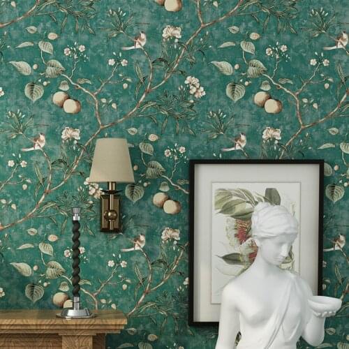 American country wallpapers rustic style vintage nostalgic living room bedroom dark green flowers and birds TV back wall paper