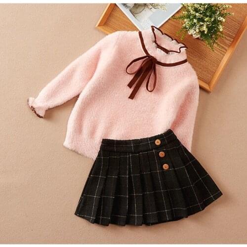 Autumn New 2021 2 Pieces Girls Skirts Sets Knitted Turtleneck Fleece Sweater Pullovers and Plaid Pleated Skirts Children Suits