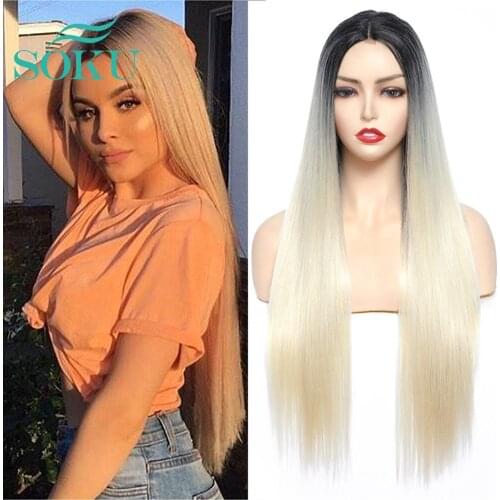 Ombre White Color Synthetic Lace Wig Middle Part Long Soft Straight Hairstyle SOKU Heat Resist Black Lace Wig For Black Women