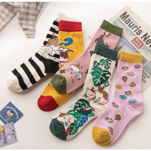 PEONFLY New 2020 Autumn Cartoon Socks Women Cute Cat Korean Style Kawaii Funny Happy Socks Harajuku Cotton Calcetines Mujer