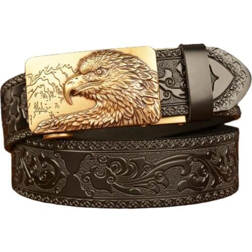 New Mens Casual Belt Eagle Pattern Buckle Genuine Leather Belts Top Quality Alloy Automatic Buckle Men Vintage Jeans Waistband