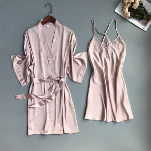 Pink Pajamas Sets Spring Women Robe Gown Suit Sexy Lace Nightdress Sleep Lounge Nightwear V-Neck Bathrobe Strap Dress Chest Pads