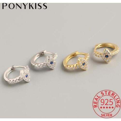 PONYKISS 100% 925 Sterling Silver Zircon Devils Eye Delicate Hoop Earrings For Women Party Fashion Elengant Accessory Chic Gift