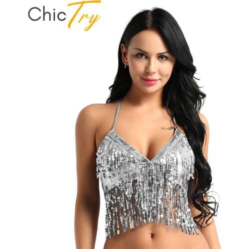 ChicTry Women Shiny Sequins Tassel Halter Dance Bra Top Latin Belly Dance Costume Club Party Festival Rave Dance Sexy Crop Tops