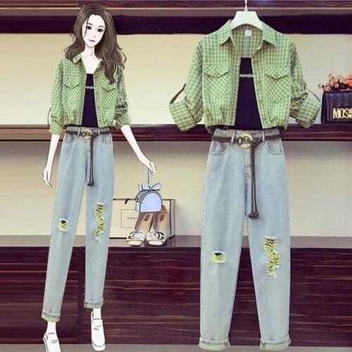 2021 Spring Summer Fashion Short Women Shirt And Jeans Pants 2 Piece Suits Green Yellow Plus Size Back To The Basics Loose