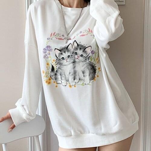 Women Autumn Oversize Sweatshirt New Chic Cat Printing Long Sleeve Round Neck Loose Outwear Coat Casual White Shirt