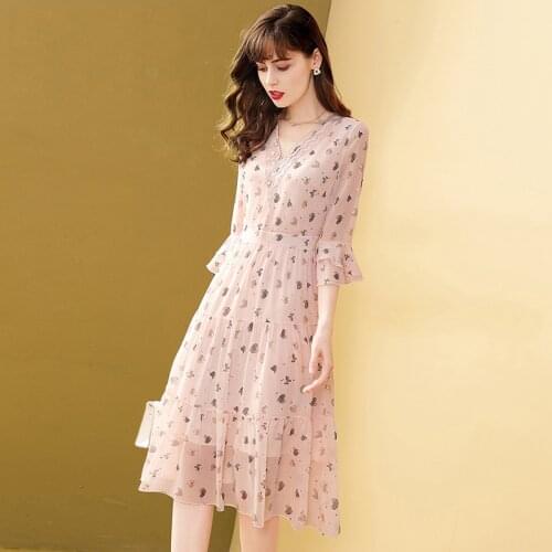 2021 New Autumn Chiffon Dress Elegant Three Quarter Ruffle Sleeve Slim Pleat Cake Dresses A-Line V-Neck Floral Women Vestidos