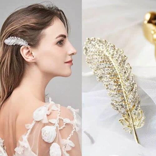 1PC Fashion Women Elegant Feather Hair Clips Alloy Hairgrips Rhinestones Ponytail Hairpin for Girls Hair Accessories Barrette