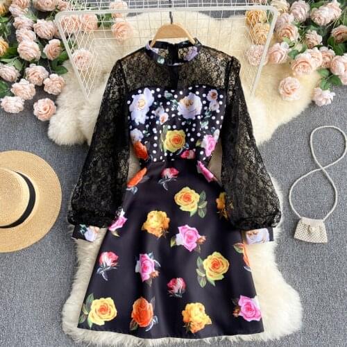 2021 Summer New Lace Puff Sleeve Splicing Temperament Slim Short Printed Dress