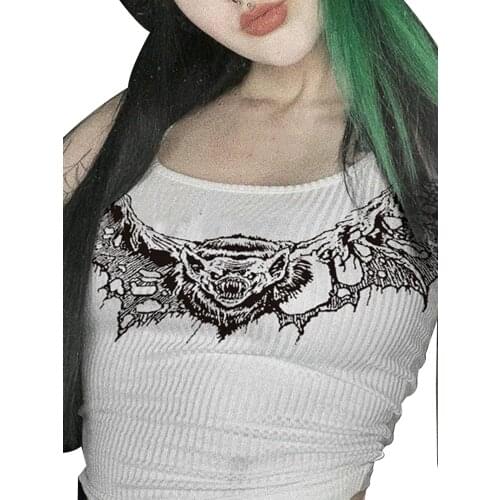2021 New Sexy Tank Tops Women Gothic Punk Style Print Slim Fit Club Ladies Casual Crop Top Streetwear Clubwear tee shirt femme