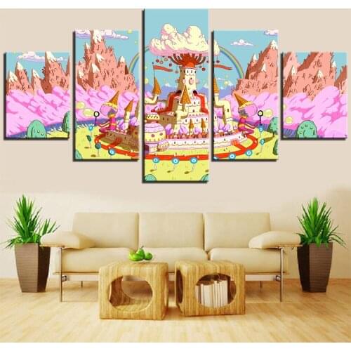5 Pieces Colorful Castle Canvas Painting Adventure Posters Pink Mountain Time Pictures Cartoon Wallpapers For Home Room Decor