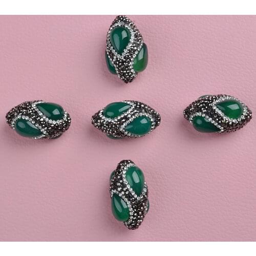 5PCS 22x35mm Olivary Green Beads Trimmed With Crystal Zircon Beads