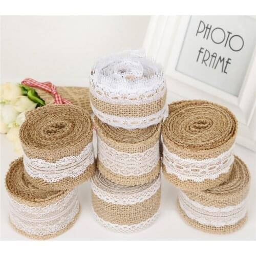 5cm 2m/roll Natural Jute Burlap Hessian Ribbon with Cotton Lace DIY Trim Fabric For Sewing Wedding Decoration Accessories