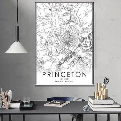 Black and White World City Map PRINCETON Wall Art Canvas Poster Prints Nordic Style Paintings Picture for Living Room