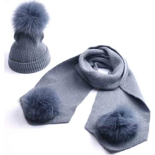 Kids Age 2-10 Winter Warm Hat Sets Boys Girl Thick Knit Beanie Hats and Scarves Three Real Fur PomPom Hat Scarf Set for Children