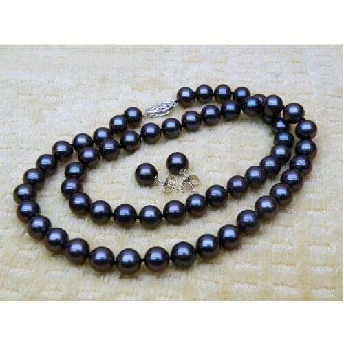 HOT 9-10MM TAHITIAN BLACK SOUTH SEA AAA+ PEARL NECKLACE EARRING 925silver WHITE 18 I