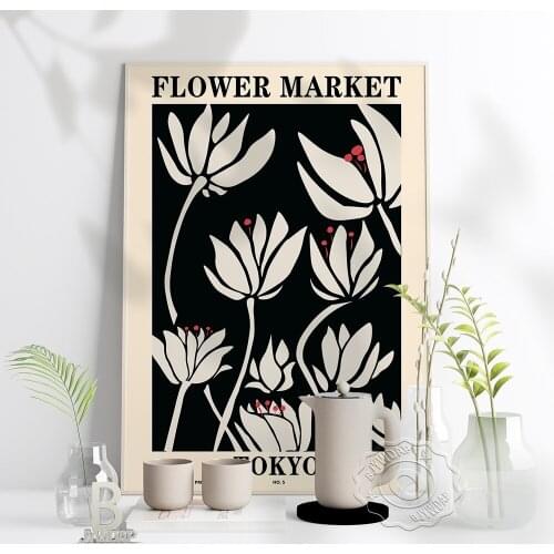 Tokyo Fiower Market Plant Art Poster, Black Cream-Coloured Background White Flowers Art Prints, Minimalism Home Kids Room Decor
