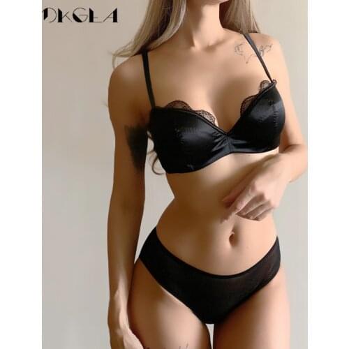 Classic Black Satin Brassiere Comfortable Half Cup Bra Set Women Lingerie Lace Thin Cotton Underwear Set Sexy Bras B C D Cup