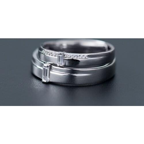 COLUSIWEI Silver Lovers Rings for Men and Women 925 Sterling Silver Shining Rectangle Zircon Open Adjustable Rings Pairs Jewelry