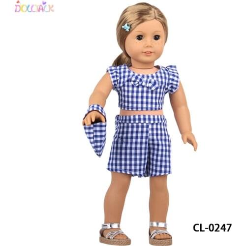 Doll ClotheS Three-piece Blue Plaid Skirt Fit 18Inch American Doll Girls And 43Cm New Born Baby Item,Generation Baby Girls