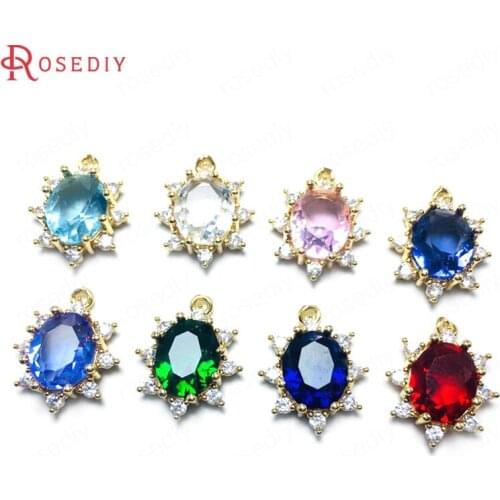 10PCS 14x18MM 24K Champagne Gold Color Brass and Zircon Glass Oval Shape Charms Pendants Jewelry Making Supplies Diy Findings