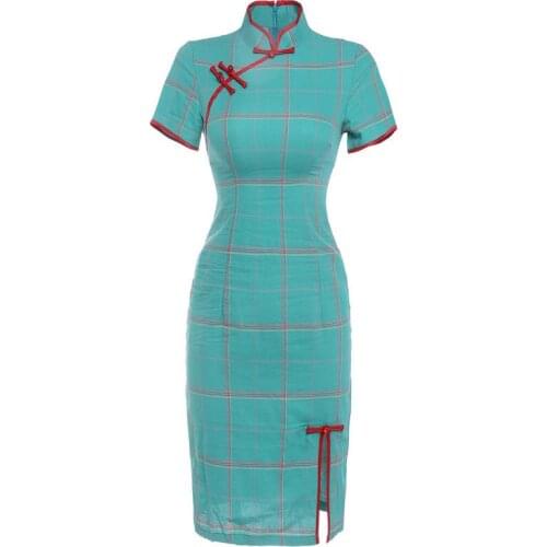 Summer improved cheongsam girl Chinese style sexy slim short Plaid Dress