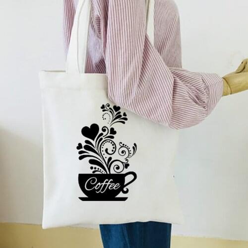 Girls Reusable Folding New Coffee Printing Women Canvas Tote Handbag Female Cloth Shoulder Bag Young Ladies Casual Shopping Bag