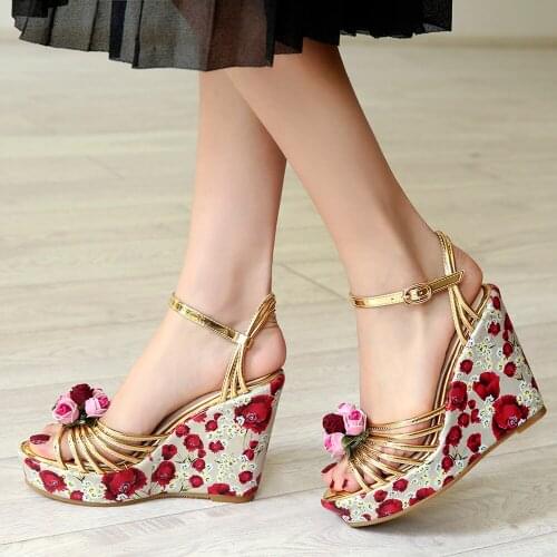 Fashion Women Leather Platform Sandals Woman High Heel Summer Shoes Wedges Ladies Flower Round Toes Sandals Gold/Silver 34-40