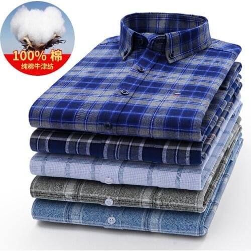 Plus Size Men Dress Shirt Cotton Oxford Plaid Long Sleeve Button Square Collar Regular Fit Smart Casual Business Shirts for Men
