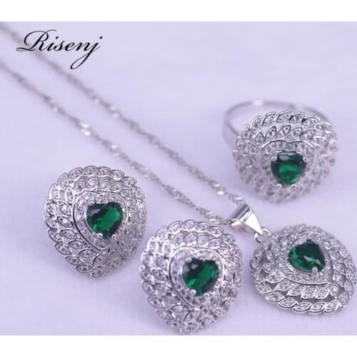 Russian Lucky Colors Green Stone White Zircon Silver Color Jewelry Set For Women Earrings Necklace Pendant Ring Set