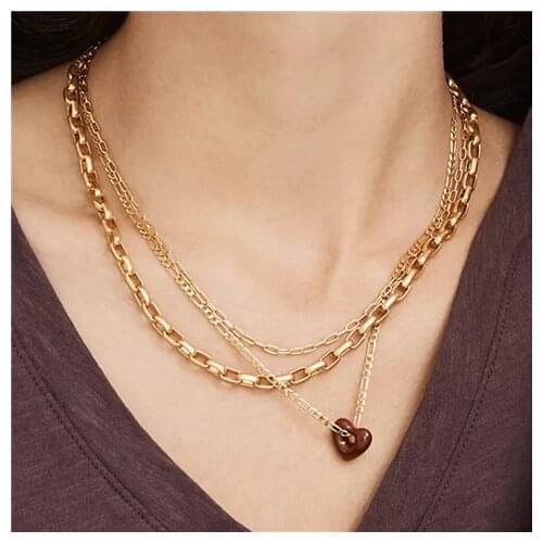 Brass Plated 18K Gold Geo Chained Heart Necklaces Women Jewelry Punk Party T Show Designer Club Ins Rare Japan Korean Trendy