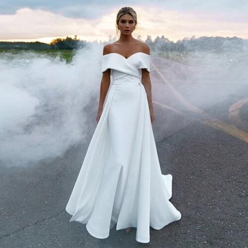 WUZHIYI White Satin Mermaid Wedding Dress With Detachable Train V Neck Off Shoulder Women Bride Formal Party Bridal Gowns 2021
