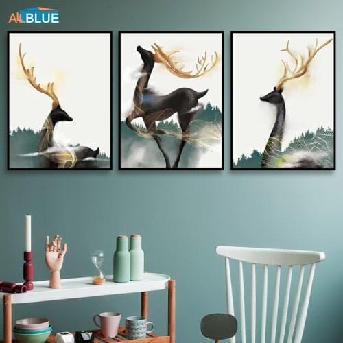 Nordic Poster Gold Deer Forest Canvas Painting Abstract Art Poster Wall Art Canvas Prints Animals Wall Pictures For Living Room