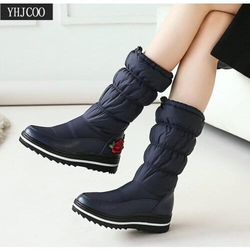 Boots Women Waterproof Snow Fashion Women Boots High Quality Warm Winter Mid calf Platform Boots Retro Printed Plus Size 43