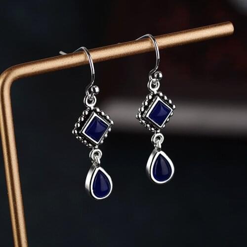 Sterling Silver 925 Vintage Water Drop Blue Stone Long String Earrings for Women Bohemian Jewelry Sapphire Drop Dangle Earrings