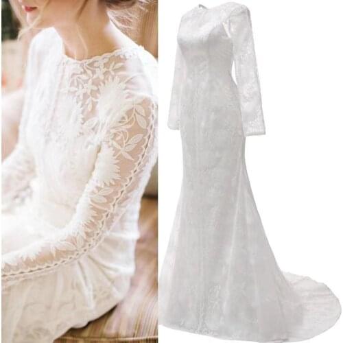 Wedding Dress Long Sleeve Backless Simple Lace Soft Fabric 2021 Aunt Custom And Floor Dress Bride