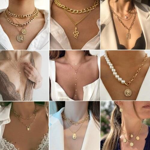 Vintage Multilayer Crystal Pendant Necklace Women Gold Color Beads Moon Star Flower Choker Necklaces Jewelry