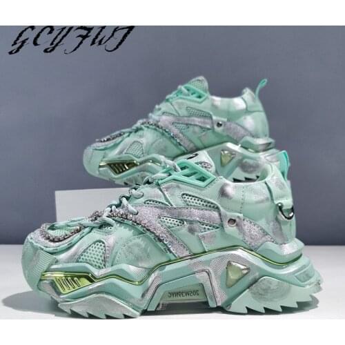 Women Sneakers Rhinestone Genuine Leather Casual Thick Bottom Zapatos De Mujer Lace-Up Shallow Cool Flat Platform Female Shoes