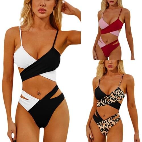 Meihuida 2 Pcs Women Color Block Bathing Suits, Adjustable Spaghetti Strap Cross Tie Up Bra + Hollow Out Thong