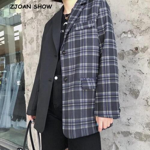 Autumn Winter Gray Stitching Check Gingham Plaid Blazer Boyfriend friend style Women Contrast color Suit Coat Fashion Femme