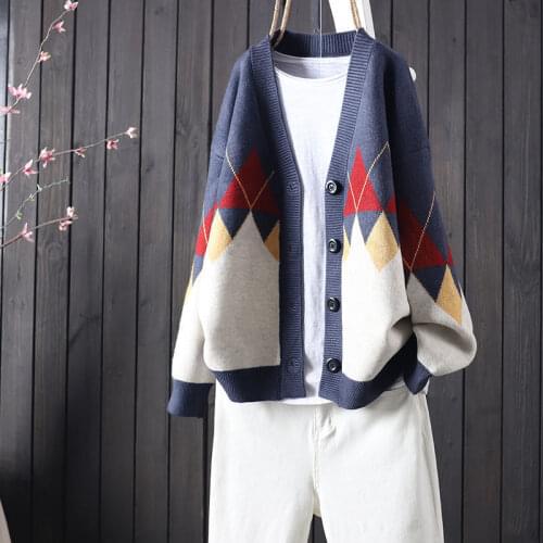 Fashion new autumn and winter color matching loose button long-sleeved knitted cardigan womens casual v-neck sweater